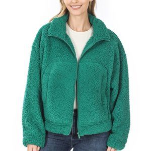 GREEN Drawstring hem crop sherpa jacket